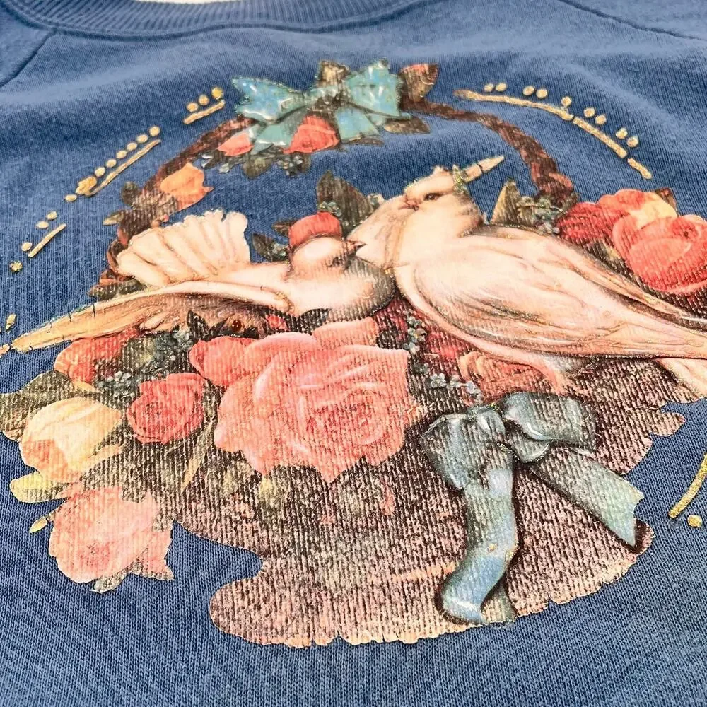 vintage women's raglan embellished sweater doves floral graphic dusty blue XL - Picture 2 of 6